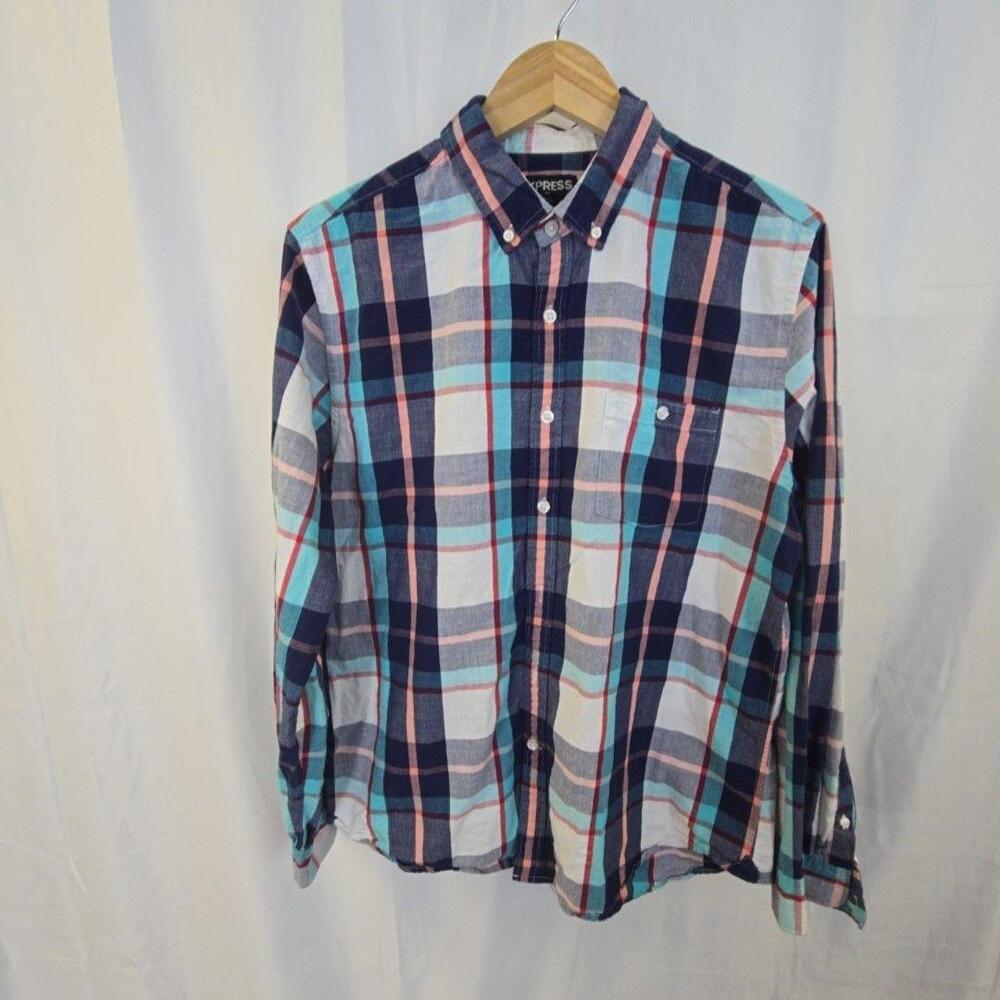 Express Shirt Mens Large Blue Plaid Button Down Long Sleeve Cotton Casual Top